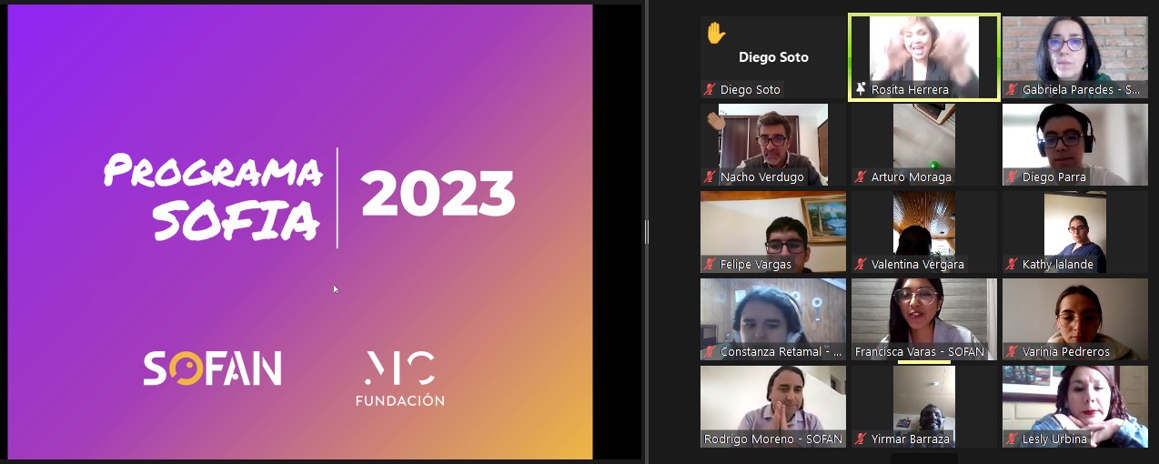 Pantallazo plataforma Zoom. En el lado izquierdo, se aprecia la imagen de una presentación con fondos de clores morado, rosado, naranjo y amarillo en degradé. Se ve escrito Programa SOFIA 2023 en letra blancas y abajo el logo de SOFAN en letras blancas, a excepción de la O que está en color amarillo, y a su lado derecho el logo de la Fundación MC, cuyas letras son blancas, apareciendo primero las letras MC entrecortadas y justo debajo más pequeño la palabra Fundación. Al lado derecho, se ven 15 recuadros pequeños con 1 personas en cada uno, 14 con cámaras encendidas observando la pantalla.